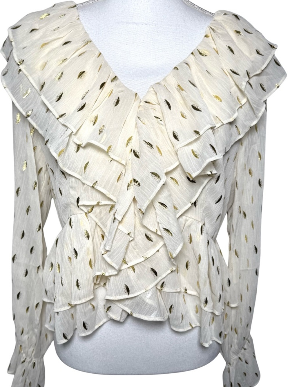 Rubienn Cream Ruffle Gold Leaf Blouse Top Women Medium NWT